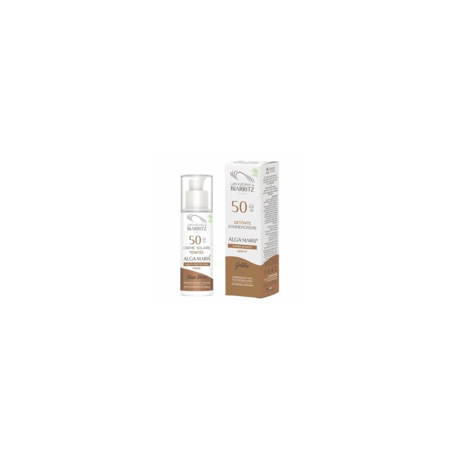 Crema protectora facial FPS 50 con color dorado- Algamaris. Crema protectora facial FPS 50 con color dorado- Algamaris.